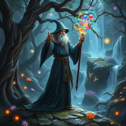 A mystical wizard casting spells in an enchanted forest