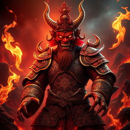 A menacing Chinese Hell Devil, depicted as a formidable Chinese Demon King, standing amidst the fiery realms of Red Fire Hell