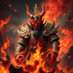 A menacing Chinese Hell Devil, depicted as a formidable Chinese Demon King, standing amidst the fiery realms of Red Fire Hell
