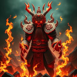A menacing Chinese Hell Devil, depicted as a formidable Chinese Demon King, standing amidst the fiery realms of Red Fire Hell