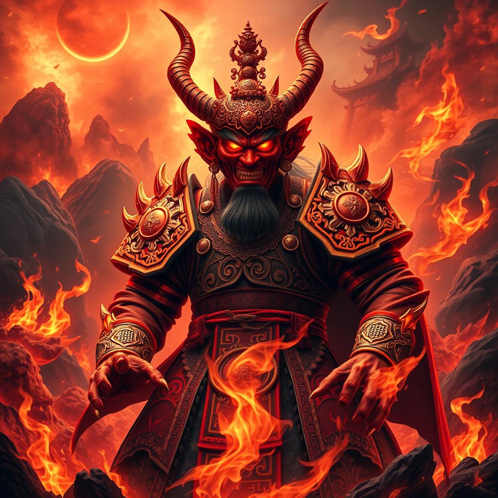 A menacing Chinese Hell Devil, depicted as a formidable Chinese Demon King, standing amidst the fiery realms of Red Fire Hell