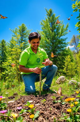 An environment activist passionately planting trees in a lush, green forest