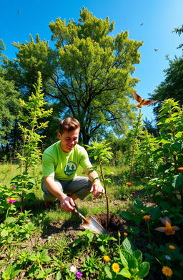 An environment activist passionately planting trees in a lush, green forest