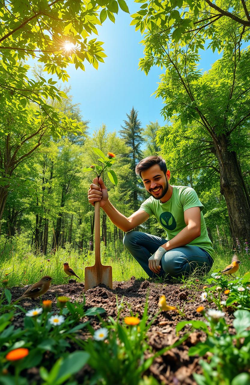 An environment activist passionately planting trees in a lush, green forest