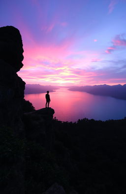 A serene and mystical landscape showcasing a stunning blend of purple and pink hues in the sky during sunrise