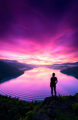 A serene and mystical landscape showcasing a stunning blend of purple and pink hues in the sky during sunrise