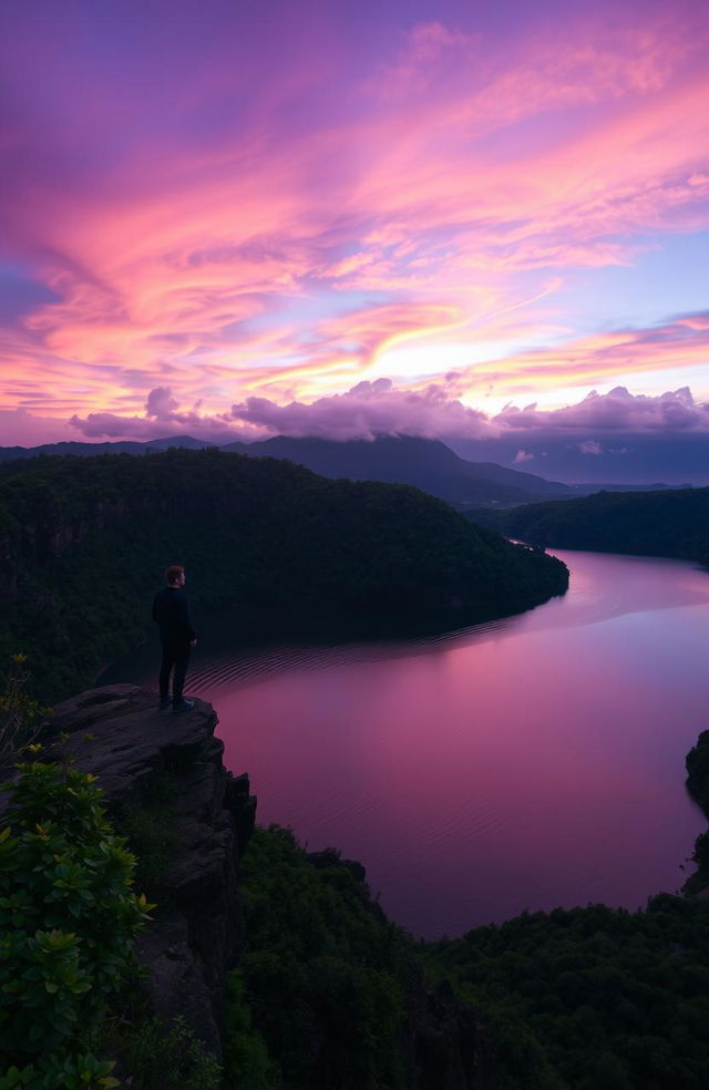 A serene and mystical landscape showcasing a stunning blend of purple and pink hues in the sky during sunrise