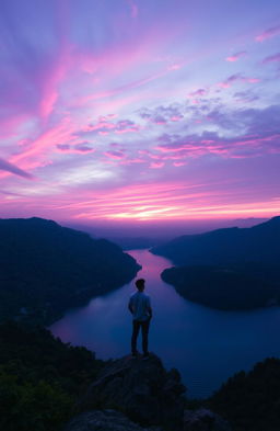 A serene and mystical landscape showcasing a stunning blend of purple and pink hues in the sky during sunrise