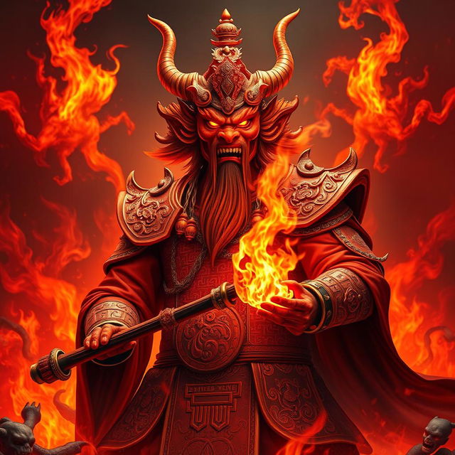 An imposing Chinese Hell Devil, depicted as a powerful Chinese Demon King, commanding the fiery depths of Red Fire Hell