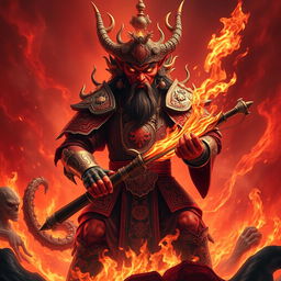 An imposing Chinese Hell Devil, depicted as a powerful Chinese Demon King, commanding the fiery depths of Red Fire Hell