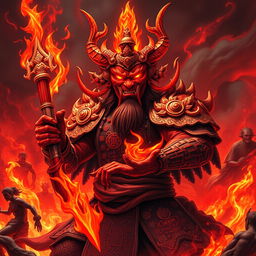 An imposing Chinese Hell Devil, depicted as a powerful Chinese Demon King, commanding the fiery depths of Red Fire Hell