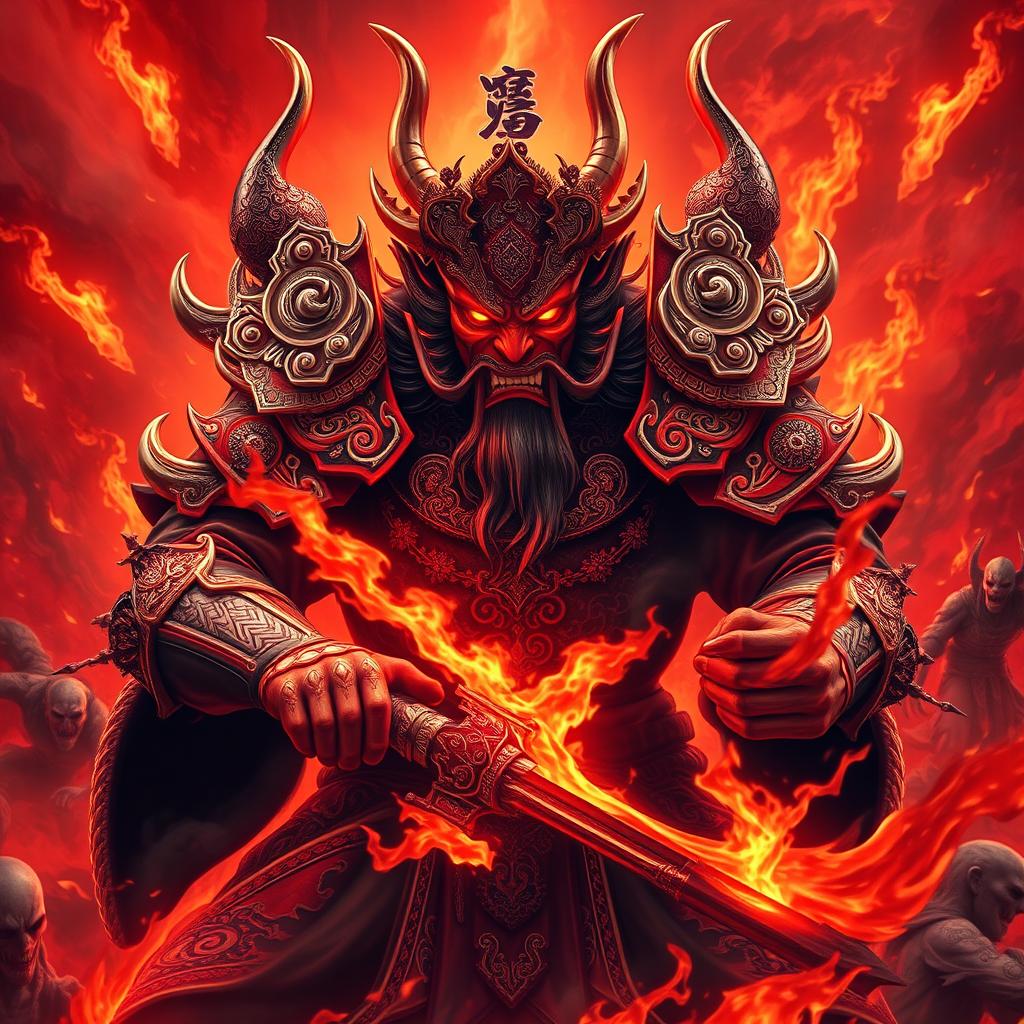 An imposing Chinese Hell Devil, depicted as a powerful Chinese Demon King, commanding the fiery depths of Red Fire Hell