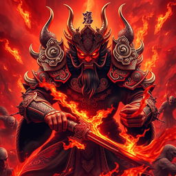 An imposing Chinese Hell Devil, depicted as a powerful Chinese Demon King, commanding the fiery depths of Red Fire Hell