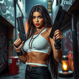 A fierce and powerful female drug dealer dressed in stylish urban streetwear, exuding confidence as she poses with a sleek gun