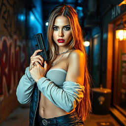 A fierce and powerful female drug dealer dressed in stylish urban streetwear, exuding confidence as she poses with a sleek gun