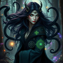 A captivating half-elf aberrant mind sorceress, exuding an aura of mystique and power