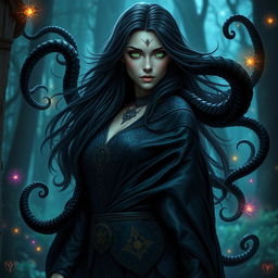 A captivating half-elf aberrant mind sorceress, exuding an aura of mystique and power