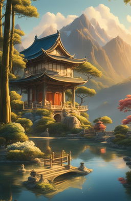 A detailed HD image of a Rococo-style Japanese temple during golden hour