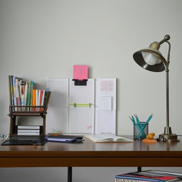 A well-organized study table with a laptop, a lamp, and various study materials neatly arranged.