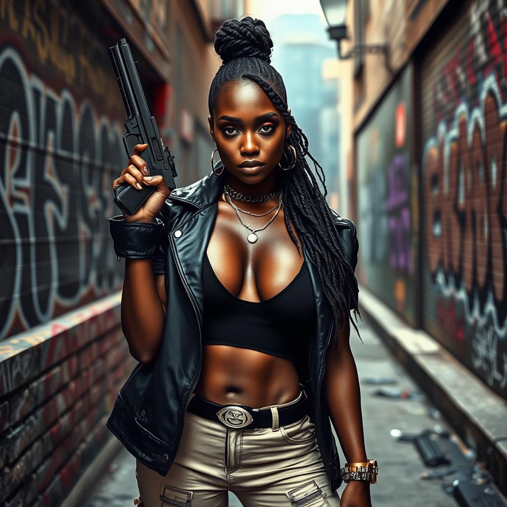 A striking black female drug dealer, confidently standing with a sleek gun in hand