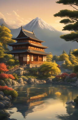 A detailed HD image of a Rococo-style Japanese temple during golden hour