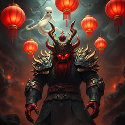 A formidable Chinese Hell Demon, embodying the essence of a powerful Chinese Demon King, stands in a dark and foreboding hellish landscape