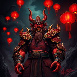A formidable Chinese Hell Demon, embodying the essence of a powerful Chinese Demon King, stands in a dark and foreboding hellish landscape