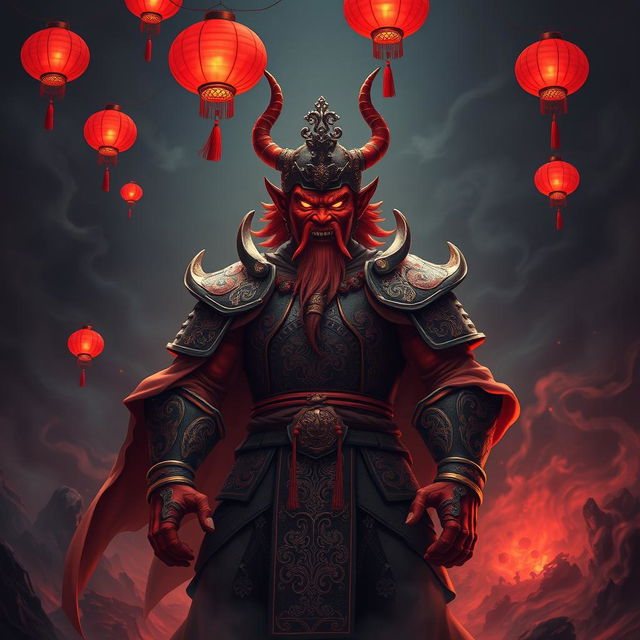 A formidable Chinese Hell Demon, embodying the essence of a powerful Chinese Demon King, stands in a dark and foreboding hellish landscape