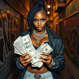 A dynamic and confident black female drug dealer holding a large stack of cash in her hands
