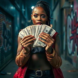 A dynamic and confident black female drug dealer holding a large stack of cash in her hands