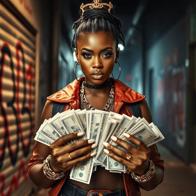 A dynamic and confident black female drug dealer holding a large stack of cash in her hands