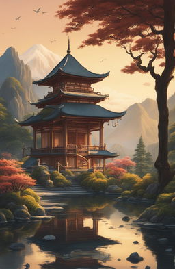 A detailed HD image of a Rococo-style Japanese temple during golden hour