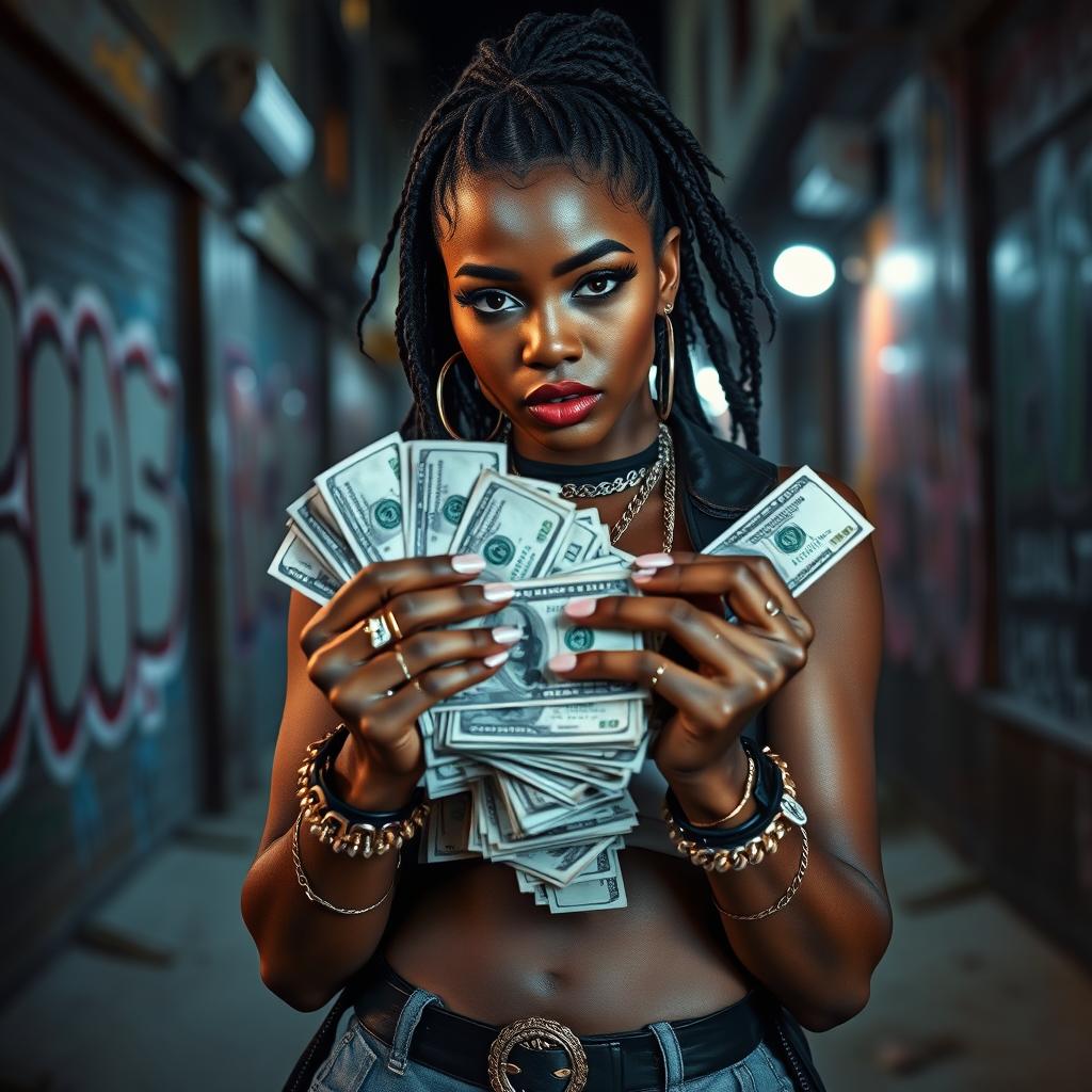 A dynamic and confident black female drug dealer holding a large stack of cash in her hands