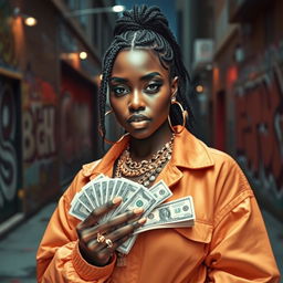 A powerful black female drug dealer confidently holding a stack of cash in an urban environment, showcasing her assertive attitude