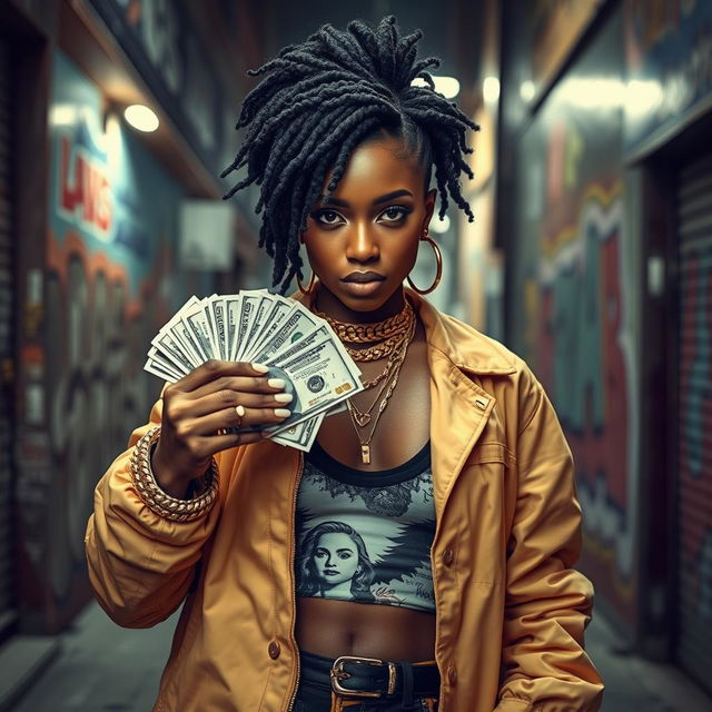 A powerful black female drug dealer confidently holding a stack of cash in an urban environment, showcasing her assertive attitude