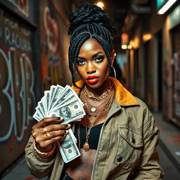 A powerful black female drug dealer confidently holding a stack of cash in an urban environment, showcasing her assertive attitude