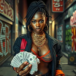 A powerful black female drug dealer confidently holding a stack of cash in an urban environment, showcasing her assertive attitude