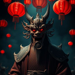 An eerie Chinese demon lord wearing an elaborate and strange mask, which adds an air of mystery and menace to his presence