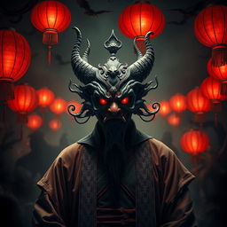 An eerie Chinese demon lord wearing an elaborate and strange mask, which adds an air of mystery and menace to his presence