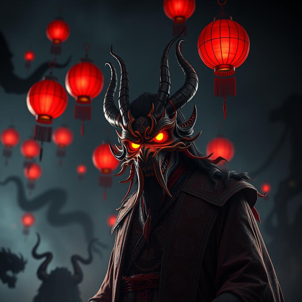 An eerie Chinese demon lord wearing an elaborate and strange mask, which adds an air of mystery and menace to his presence