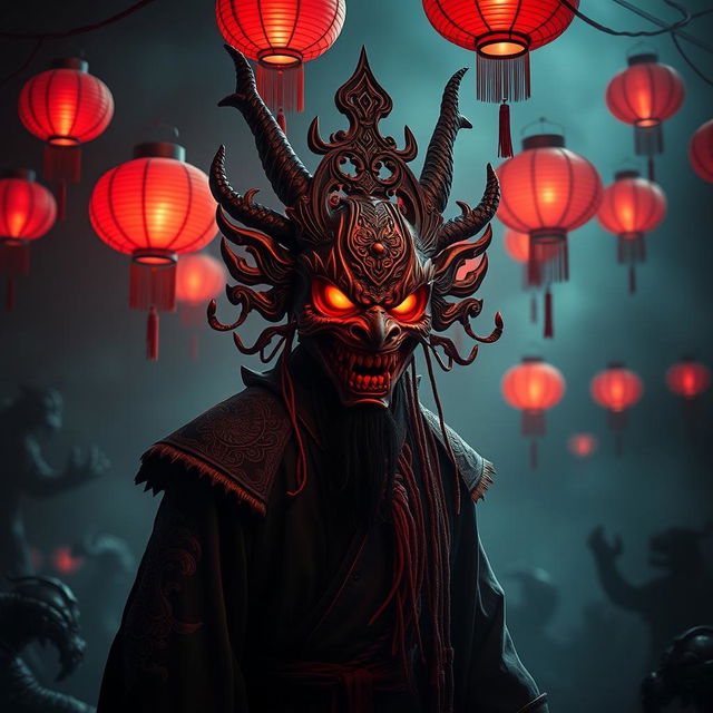 An eerie Chinese demon lord wearing an elaborate and strange mask, which adds an air of mystery and menace to his presence