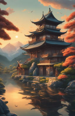 A detailed HD image of a Rococo-style Japanese temple during golden hour