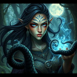 A striking half-elf sorceress with an otherworldly appearance, showcasing her unique aberrant mind abilities