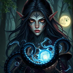 A striking half-elf sorceress with an otherworldly appearance, showcasing her unique aberrant mind abilities