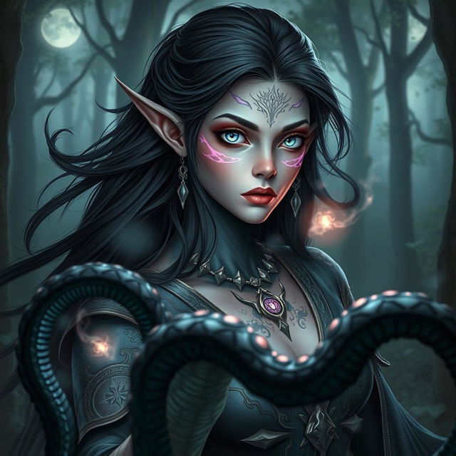 A striking half-elf sorceress with an otherworldly appearance, showcasing her unique aberrant mind abilities