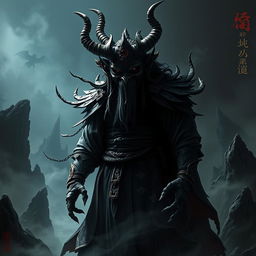 A menacing Chinese demon lord clad in an intricate and strange mask that adds an enigmatic allure to his frightening persona