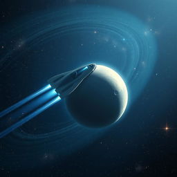 A surreal and imaginative scene depicting a spacecraft gracefully reaching Pluto, set against a stunning cosmic background filled with swirling galaxies and bright stars