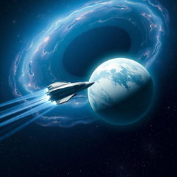 A surreal and imaginative scene depicting a spacecraft gracefully reaching Pluto, set against a stunning cosmic background filled with swirling galaxies and bright stars