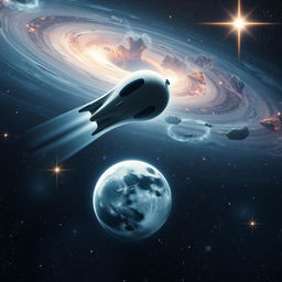 A surreal and imaginative scene depicting a spacecraft gracefully reaching Pluto, set against a stunning cosmic background filled with swirling galaxies and bright stars