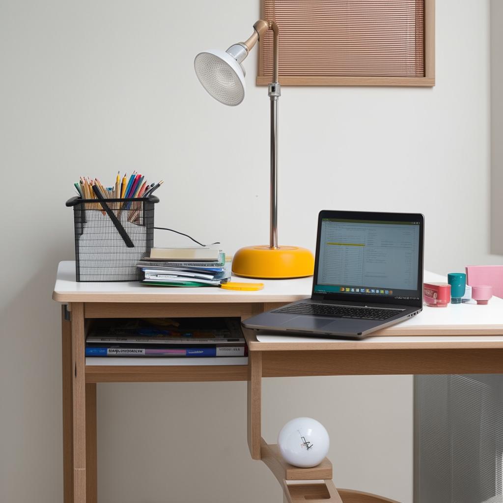 A well-organized study table with a laptop, a lamp, and various study materials neatly arranged.